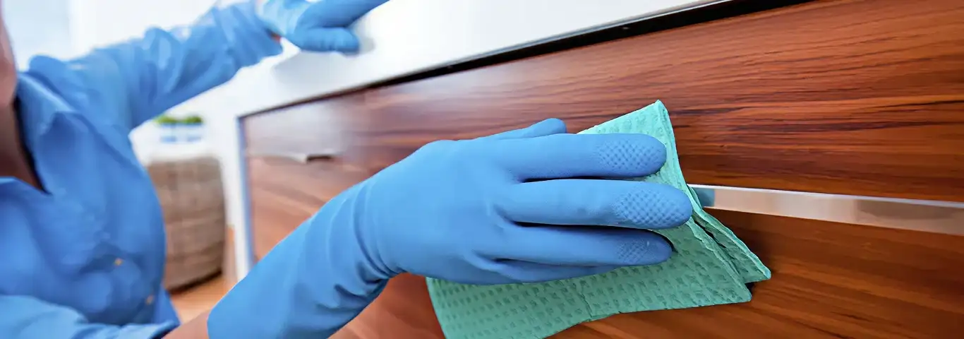 Cleaner wearing blue gloves wiping a wooden cabinet drawer with a microfiber cloth for dust and grime removal, Chicago, IL.