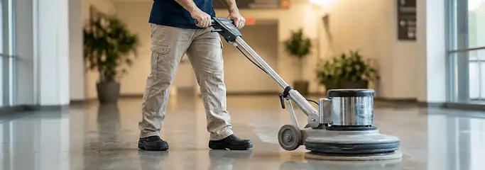 Professional technician using an industrial floor buffer to polish and maintain shiny commercial flooring in a corporate hallway in Chicago, IL.