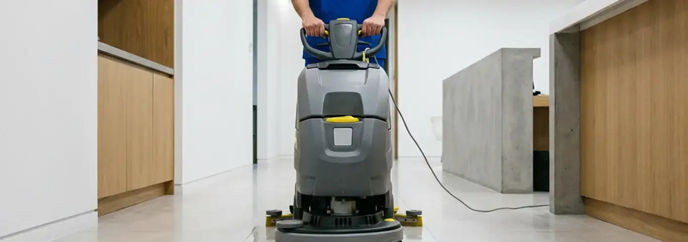 Janitorial staff using a floor scrubber machine to clean a commercial hallway, Chicago, IL.