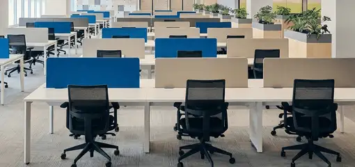 Modern open-plan office space featuring clean workstations, ergonomic chairs, and sanitized carpets provided by professional office cleaning services in Chicago, IL.