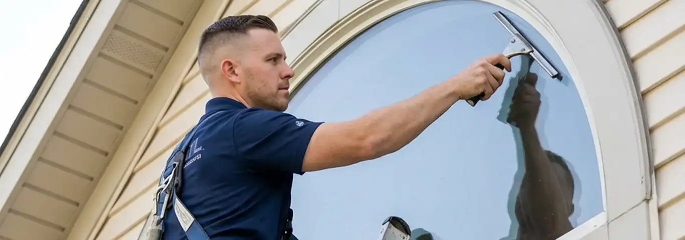 Professional window cleaner using a squeegee to clean an exterior arched window on a home, Chicago, IL.