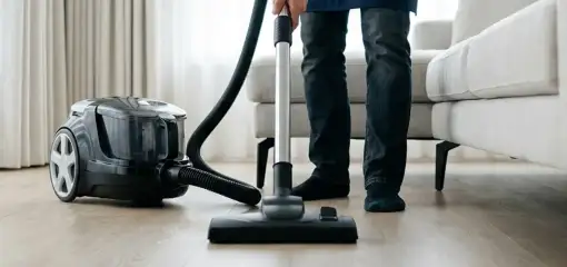 Professional house cleaner vacuuming a living room floor with a canister vacuum cleaner, Chicago, IL.