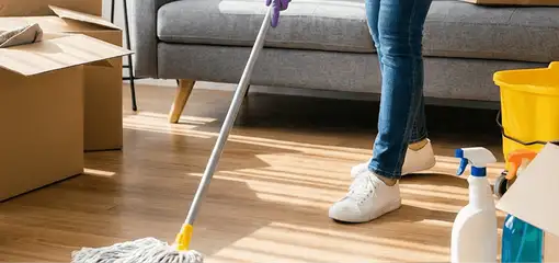 Move-out cleaning setup with a cleaner mopping hardwood floors near moving boxes and cleaning supplies, Chicago, IL.