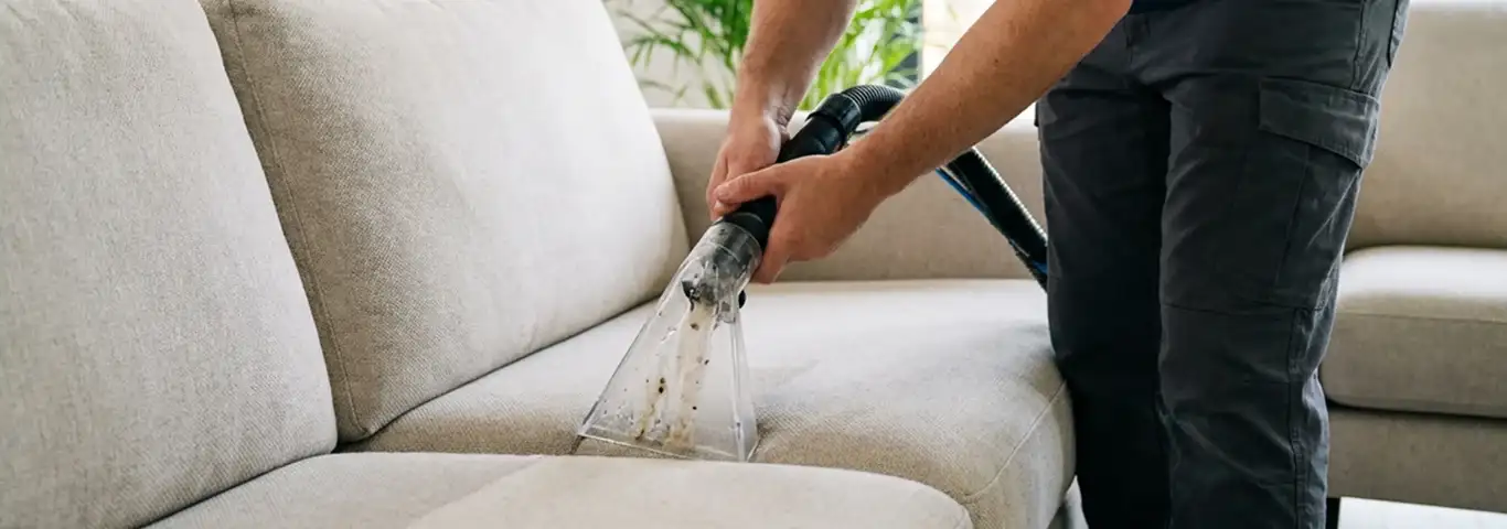Technician extracting dirt and moisture from a fabric sofa with an upholstery cleaning wand, Chicago, IL.