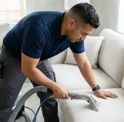 Professional upholstery cleaning technician using an extraction wand to deep-clean a fabric sofa, Chicago, IL.