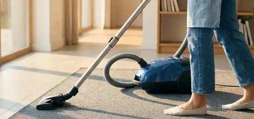 Person vacuuming a living room rug with a canister vacuum cleaner near large windows, Chicago, IL.